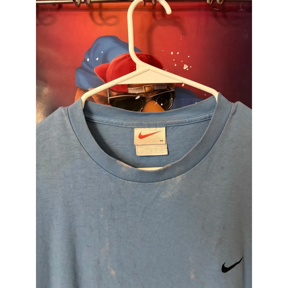 Vintage 90s Nike Mini Swoosh T-Shirt Mens Medium Blue Single Stitch Made in USA